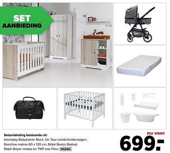 Aanbiedingen Interbaby babykamer rock, on tour combi-kinderwagen, basicline matras, bébé basics badset, ralph boyer reistas en twf box fleur - Interbaby - Geldig van 19/04/2021 tot 15/05/2021 bij Baby-Dump