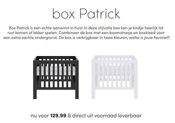 Aanbiedingen Box patrick - Huismerk - Baby &amp; Tiener Megastore - Geldig van 09/05/2021 tot 15/05/2021 bij Baby & Tiener Megastore