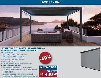 Aanbiedingen Luxueuze vrijstaande terrasoverkapping met lamellendak sonny antraciet met motor - Geldig van 25/05/2021 tot 21/06/2021 bij Zelfbouwmarkt