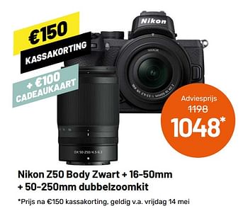 Aanbiedingen Nikon z50 body zwart + 16-50mm + 50-250mm dubbelzoomkit - Nikon - Geldig van 12/05/2021 tot 08/06/2021 bij Kamera Express