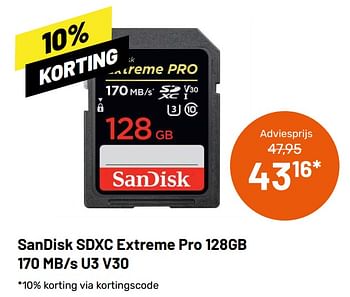 Aanbiedingen Sandisk sdxc extreme pro 128gb 170 mb-s u3 v30 - Sandisk - Geldig van 12/05/2021 tot 08/06/2021 bij Kamera Express