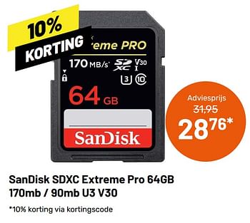 Aanbiedingen Sandisk sdxc extreme pro 64gb 170mb - 90mb u3 v30 - Sandisk - Geldig van 12/05/2021 tot 08/06/2021 bij Kamera Express