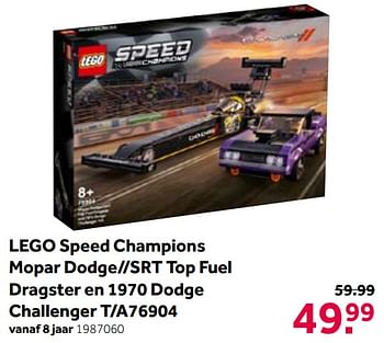 Aanbiedingen Lego speed champions mopar dodge--srt top fuel dragster en 1970 dodge challenger t-a76904 - Lego - Geldig van 01/06/2021 tot 20/06/2021 bij Intertoys