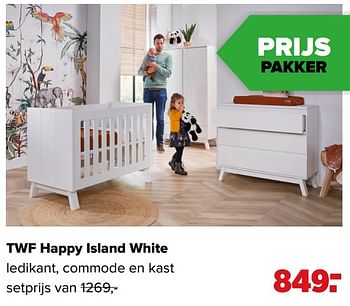 Aanbiedingen Twf happy island white ledikant, commode en kast - TWF - Geldig van 07/06/2021 tot 03/07/2021 bij Baby-Dump