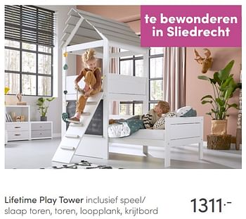 Aanbiedingen Lifetime play tower inclusief speel-slaap toren, toren, loopplank, krijtbord - Lifetime - Geldig van 20/06/2021 tot 26/06/2021 bij Baby & Tiener Megastore