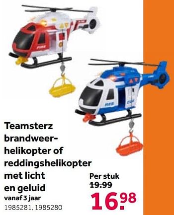 Aanbiedingen Teamsterz brandweerhelikopter of reddingshelikopter met licht en geluid - Huismerk - Intertoys - Geldig van 19/06/2021 tot 04/07/2021 bij Intertoys