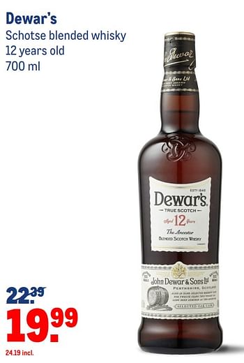 Aanbiedingen Dewar`s schotse blended whisky 12 years old - Dewar's - Geldig van 23/06/2021 tot 20/07/2021 bij Makro
