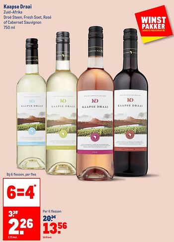 Aanbiedingen Kaapse draai zuid-afrika droë steen fresh soet rosé of cabernet sauvignon - Rode wijnen - Geldig van 23/06/2021 tot 20/07/2021 bij Makro