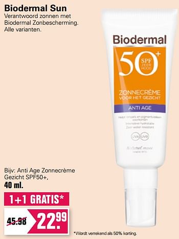 Aanbiedingen Biodermal sun anti age zonnecrème gezicht spf50+ - Biodermal - Geldig van 23/06/2021 tot 10/07/2021 bij De Online Drogist