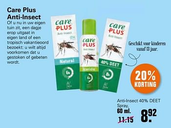 Aanbiedingen Care plus anti-insect 40% deet spray - Care Plus - Geldig van 23/06/2021 tot 10/07/2021 bij De Online Drogist