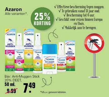 Aanbiedingen Azaron anti-muggen stick 20% deet - Azaron - Geldig van 14/07/2021 tot 31/07/2021 bij De Online Drogist