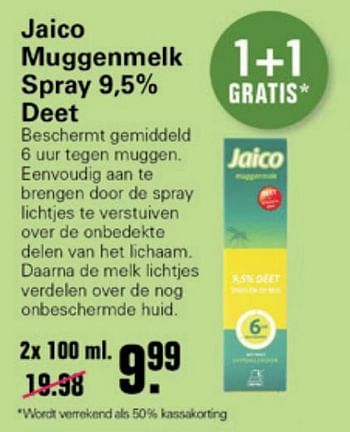Aanbiedingen Jaico muggenmelk spray 9.5% deet - Jaico - Geldig van 14/07/2021 tot 31/07/2021 bij De Online Drogist