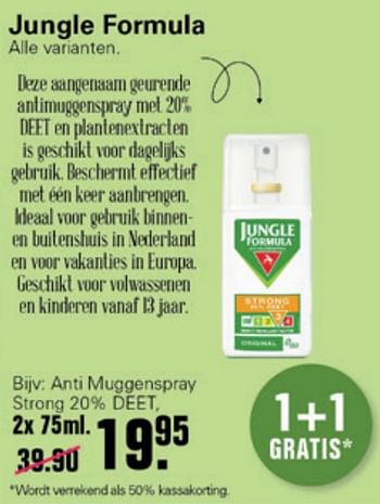 Aanbiedingen Jungle formula anti muggenspray strong 20% deet - Jungle Formula - Geldig van 14/07/2021 tot 31/07/2021 bij De Online Drogist