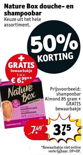 Aanbiedingen Shampoobar almond 85 gram + gratis bewaarbakje - Nature Box - Geldig van 20/07/2021 tot 25/07/2021 bij Kruidvat