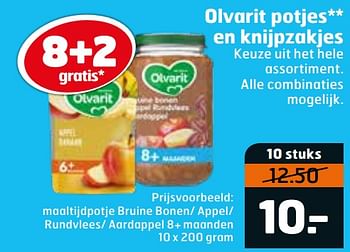 Aanbiedingen Maaltijdpotje bruine bonen- appel- rundvlees- aardappel 8+ maanden - Olvarit - Geldig van 20/07/2021 tot 01/08/2021 bij Trekpleister