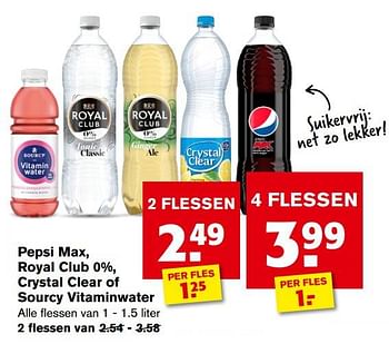 Aanbiedingen Pepsi max, royal club 0%, crystal clear of sourcy vitaminwater - Huismerk - Hoogvliet - Geldig van 21/07/2021 tot 27/07/2021 bij Hoogvliet