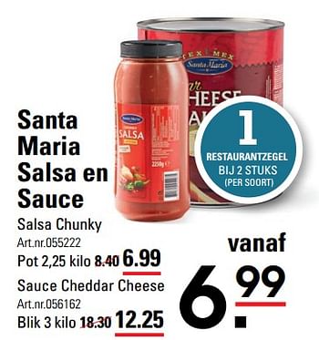 Aanbiedingen Santa maria salsa en sauce salsa chunky - Santa Maria - Geldig van 22/07/2021 tot 09/08/2021 bij Sligro