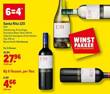 Aanbiedingen Santa rita 120 chili chardonnay - Witte wijnen - Geldig van 21/07/2021 tot 03/08/2021 bij Makro