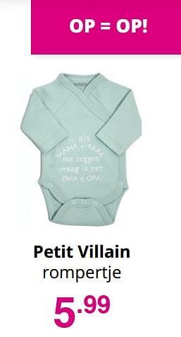 Aanbiedingen Petit villain rompertje - Petit Villain - Geldig van 25/07/2021 tot 31/07/2021 bij Baby & Tiener Megastore