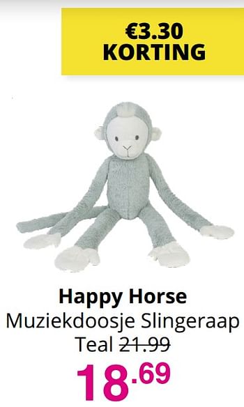 Aanbiedingen Happy horse muziekdoosje slingeraap - Happy Horse - Geldig van 25/07/2021 tot 31/07/2021 bij Baby & Tiener Megastore