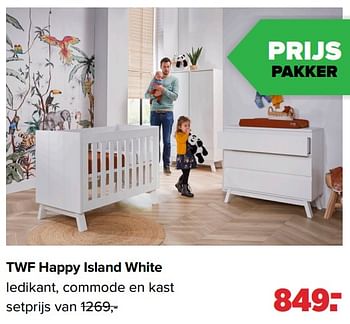 Aanbiedingen Twf happy island white ledikant, commode en kast - TWF - Geldig van 02/08/2021 tot 29/08/2021 bij Baby-Dump