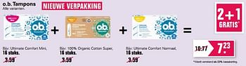 Aanbiedingen O.b. tampons ultimate comfort mini + 100% organic cotton super + ultimate comfort normaal - OB - Geldig van 18/08/2021 tot 04/09/2021 bij De Online Drogist