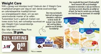 Aanbiedingen Weight care mijn moment reep pure chocolade - Weight Care - Geldig van 18/08/2021 tot 04/09/2021 bij De Online Drogist