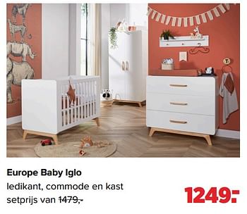 Aanbiedingen Europe baby iglo ledikant, commode en kast - Europe baby - Geldig van 30/08/2021 tot 25/09/2021 bij Baby-Dump
