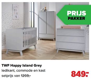 Aanbiedingen Twf happy island grey ledikant, commode en kast - TWF - Geldig van 30/08/2021 tot 25/09/2021 bij Baby-Dump