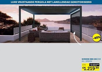 Aanbiedingen Luxe vrijstaande pergola met lamellendak gemotoriseerd screen 380 cm - Geldig van 21/09/2021 tot 19/10/2021 bij Zelfbouwmarkt