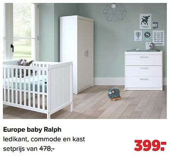 Aanbiedingen Europe baby ralph ledikant, commode en kast - Europe baby - Geldig van 27/09/2021 tot 23/10/2021 bij Baby-Dump
