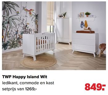 Aanbiedingen Twf happy island wit ledikant, commode en kast - TWF - Geldig van 27/09/2021 tot 23/10/2021 bij Baby-Dump