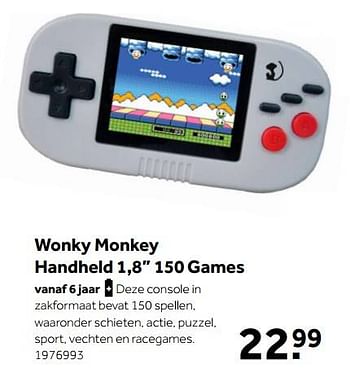 Aanbiedingen Wonky monkey handheld 1,8`` 150 games - Wonky Monkey - Geldig van 02/10/2021 tot 05/12/2021 bij Intertoys