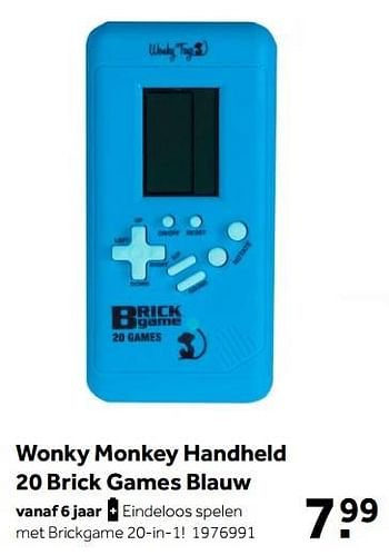 Aanbiedingen Wonky monkey handheld 20 brick games blauw - Wonky Monkey - Geldig van 02/10/2021 tot 05/12/2021 bij Intertoys