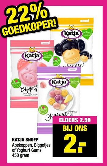 Aanbiedingen Katja snoep apekoppen biggetjes of yoghurt gums - Katja - Geldig van 11/10/2021 tot 24/10/2021 bij Big Bazar