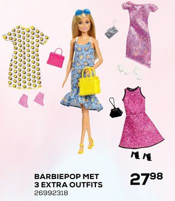 Aanbiedingen Barbiepop met 3 extra outfits - Mattel - Geldig van 22/10/2021 tot 07/12/2021 bij Supra Bazar