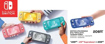 Aanbiedingen Switch lite console grey, yellow, coral, turquoise of blue - Nintendo - Geldig van 22/10/2021 tot 07/12/2021 bij Supra Bazar