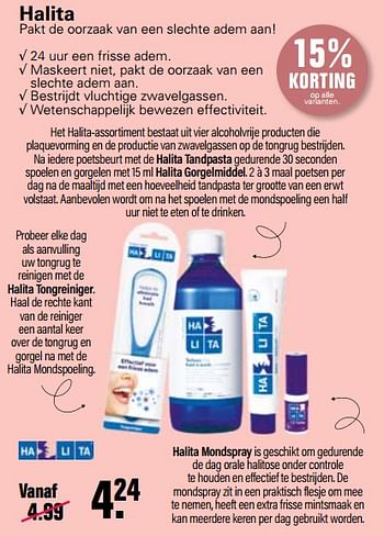 Aanbiedingen Halita tandpasta gorgelmiddel tongreiniger mondspray - Halita - Geldig van 22/10/2021 tot 08/11/2021 bij De Online Drogist