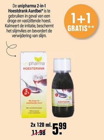 Aanbiedingen Unipharma 2-in-1 hoestdrank aardbei - Unipharma - Geldig van 22/10/2021 tot 08/11/2021 bij De Online Drogist