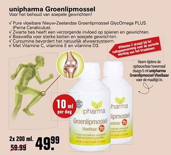 Aanbiedingen Unipharma groenlipmossel vloeibaar - Unipharma - Geldig van 22/10/2021 tot 08/11/2021 bij De Online Drogist