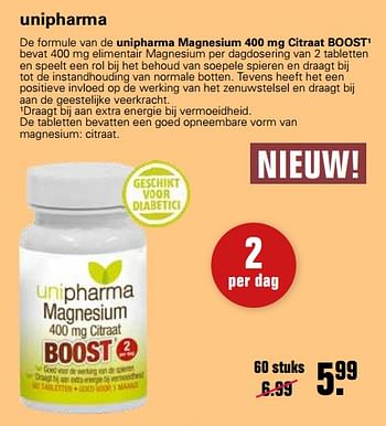 Aanbiedingen Unipharma magnesium 400 mg citraat boost - Unipharma - Geldig van 22/10/2021 tot 08/11/2021 bij De Online Drogist