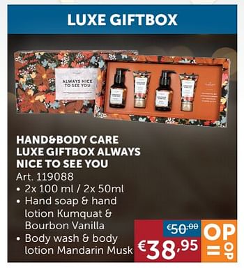Aanbiedingen Hand+body care luxe giftbox always nice to see you - Geldig van 16/11/2021 tot 20/12/2021 bij Zelfbouwmarkt