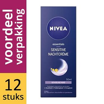 Aanbiedingen Nivea Essentials Nachtcreme Sensitive Voordeelverpakking 12x50ml - Geldig van 30/11/2021 tot 25/12/2021 bij Drogisterij.net