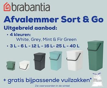 Aanbiedingen Afvalemmer sort + go white, grey, mint + fir green + gratis bijpassende vuilzakken - Brabantia - Geldig van 01/12/2021 tot 04/01/2022 bij Supra Bazar