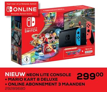 Aanbiedingen Nieuw neon lite console + mario kart 8 deluxe + online abonnement 3 maanden - Nintendo - Geldig van 01/12/2021 tot 04/01/2022 bij Supra Bazar