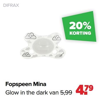 Aanbiedingen Difrax fopspeen mina glow in the dark - Difrax - Geldig van 06/12/2021 tot 01/01/2022 bij Baby-Dump