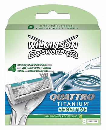 Aanbiedingen 8stuks Wilkinson Sword Quattro Titanium Sensitive Scheermesjes - Geldig van 26/12/2021 tot 14/01/2022 bij Drogisterij.net