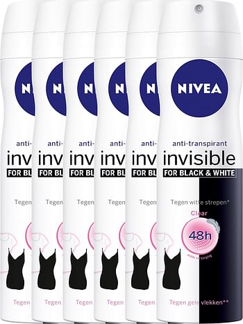 Aanbiedingen Nivea Deodorant Spray Invisible For Black en White Clear Voordeelverpakking 6x150ml - Geldig van 27/12/2021 tot 21/01/2022 bij Drogisterij.net