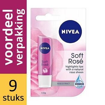 Aanbiedingen Nivea Soft Rose Lipcare Voordeelverpakking 9x1st - Geldig van 27/12/2021 tot 21/01/2022 bij Drogisterij.net