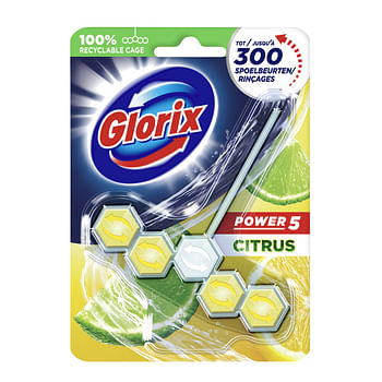 Aanbiedingen 9x Glorix Toiletblok Power 5 Lemon - Geldig van 03/12/2021 tot 22/01/2022 bij Plein